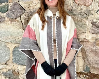 Handwoven Alpaca Cape – Blush Ivory Winter Wrap | Elegant Artisan Poncho, Cozy Ruana & Soft Shawl | Chic Cape Coat Layer | Luxe Gift for Her