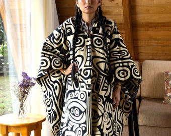 Czarny, kości słoniowej, ponczo z kapturem z alpaki – odważny, graficzny, andyjski szal, peleryna z wyrazistym wzorem dla mężczyzn i kobiet, artystyczna warstwa zimowa