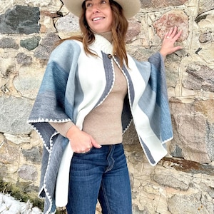 Handwoven Alpaca Ruana Cape – Blue Grey Winter Wrap | Cozy Shawl Poncho | Elegant Warm Layer | Luxury Gift for Her, Wife, Mother