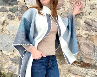 Handwoven Alpaca Ruana Cape – Blue Grey Winter Wrap | Cozy Shawl Poncho | Elegant Warm Layer | Luxury Gift for Her, Wife, Mother