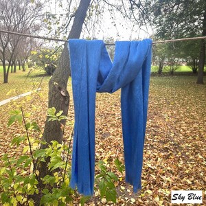 May include: A sky blue scarf hangs from a rope, set against a backdrop of trees and fallen leaves. The scarf is a vibrant blue and appears to be made of a soft fabric. The text "Sky Blue" is visible in the bottom right corner.