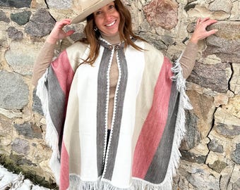 Handwoven Alpaca Poncho – Pink Ivory Winter Wrap | Elegant Artisan Ruana, Cozy Shawl & Soft Cape Layer | Luxe Gift for Her, Wife, Mother