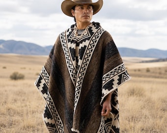 100% Wool Hooded Poncho | Southwestern Geometric Pullover | Unisex Western Ranch Outerwear | Gift for Him or Her