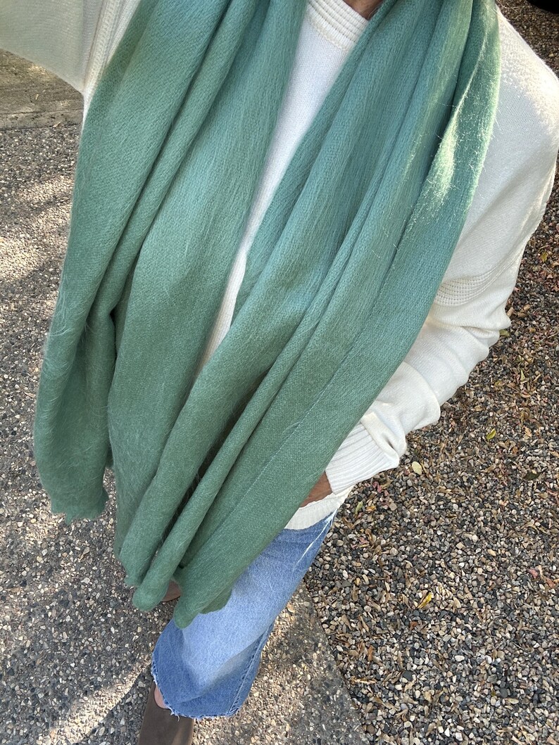 Handwoven Baby Alpaca Scarf – Eucalyptus Green, Lightweight Shawl Wrap image 4