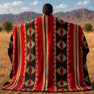 Handwoven 100% Wool Blanket Queen Size | Red Aztec Southwestern Blanket | Heavy Western Cabin Lodge Decor