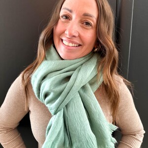 Handwoven Baby Alpaca Scarf – Eucalyptus Green, Lightweight Shawl Wrap image 15