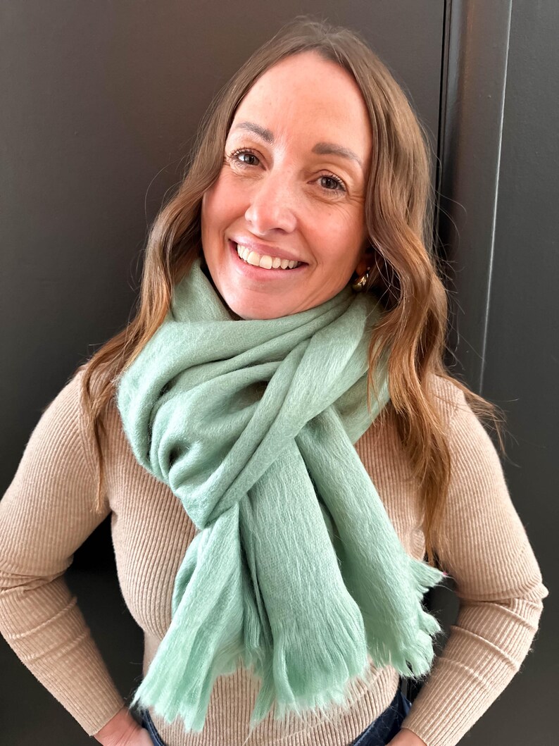 Handwoven Baby Alpaca Scarf – Eucalyptus Green, Lightweight Shawl Wrap image 15