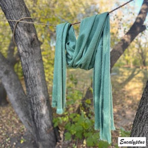 May include: A soft, eucalyptus-coloured scarf is draped over a rope, hanging between two trees. The scarf has a long, rectangular shape with a slightly frayed edge. The word "Eucalyptus" is printed in a white box in the bottom right corner.