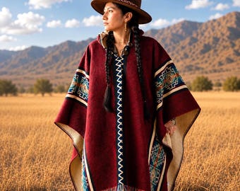 Handwoven Hooded Baby Alpaca Poncho | Burgundy Lightweight Pullover | Men & Women