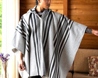 Mens Wool Poncho Hooded – Heavy Winter Poncho – 100% Andean Highland Wool – Warm Oversized Fit – Striped Pattern – Ecuador Ruana Wrap