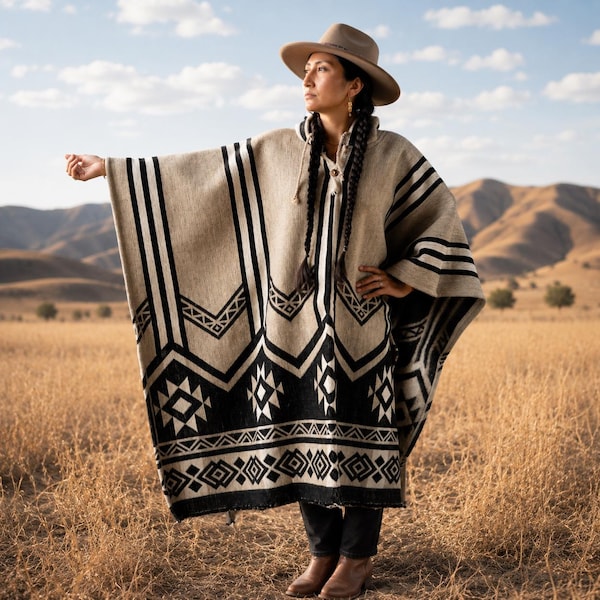 100% Wool Hooded Poncho | Handwoven Andean Western Outerwear | Men & Women