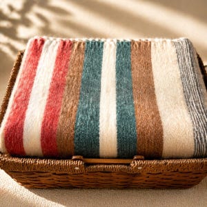 Puede incluir: Una cesta de mimbre marrón contiene una manta plegada con rayas verticales en rojo, blanco, verde azulado, marrón y gris. La cesta tiene un asa de madera.