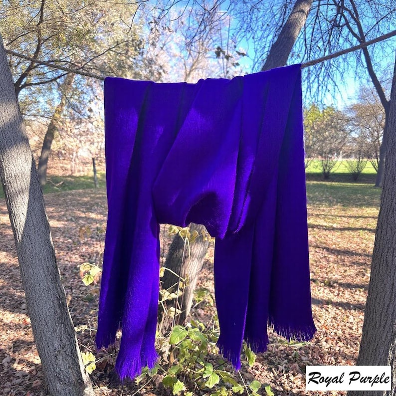 May include: A deep royal purple scarf with fringed edges is displayed outdoors. The scarf is suspended from a branch, with the text "Royal Purple" in the lower right corner. The scarf's colour contrasts with the natural background.