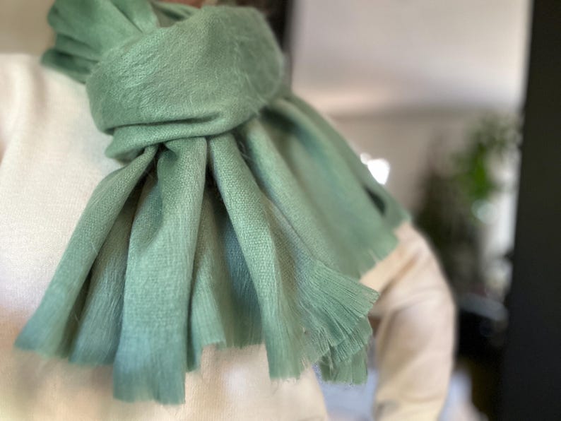 Handwoven Baby Alpaca Scarf – Eucalyptus Green, Lightweight Shawl Wrap image 5