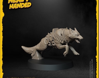 May include: A grey Combat Dog (Attack) figurine, 32mm in size, in a running pose. The Heroic series figurine has detailed armour and a fierce expression. The Heavy Handed logo is displayed. The base is a dark grey colour.