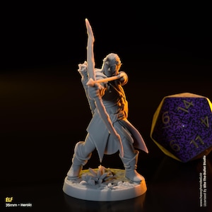 May include: A gray 35mm miniature figurine of an elf archer, holding a bow and arrow, standing on a round base with a leafy design. The elf is wearing a tunic and leggings, and has pointed ears and a serious expression. The figurine is posed in a dynamic action pose, with the elf's bow drawn back and the arrow pointed forward. The figurine is set against a black background, with a purple and gold dice in the background.