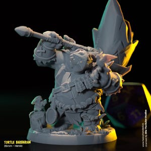 May include: A gray 35mm miniature figure of a turtle barbarian holding a spear and a shield. The figure is standing on a round base with a small figure of a turtle next to it. The figure is painted in a gray color.