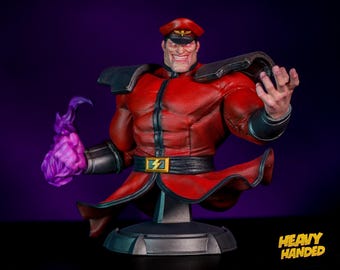 Buste van M. Bison, handgeschilderd beeld van hars uit Street Fighter, fanart van een videogame-schurk.