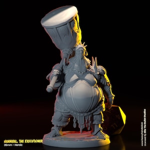 May include: A gray, 3D-printed figurine of Hannibal, the Executioner, holding a large hammer. The figure is 35mm tall and has detailed armor and a stern expression. The base is a light gray color. The text "HANNIBAL, THE EXECUTIONER" is visible.