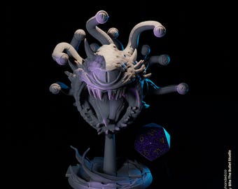 May include: A 35mm gray plastic miniature of a beholder, a Dungeons & Dragons monster with multiple eyes, on a base with a purple and blue die. The beholder has a large central eye and several smaller eyes on stalks.