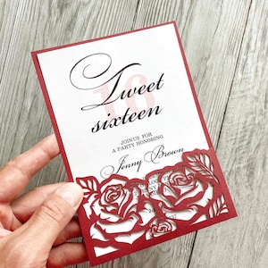 Hochzeitseinladung mit Rose Blumen Vorlage, Quinceanera cricut sweet 16 lasercut Umschlag 13x18 Cameo Papierschnitt Schablone dxf