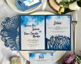 Blue ocean svg wedding invitation template tri-fold cricut and place card set, Under the sea party laser cut invite, Beach shell invitation