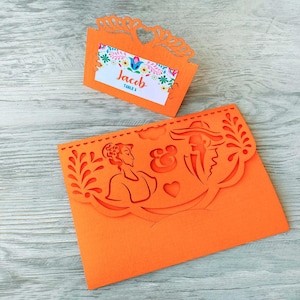 Senor and senorita mexican invitation svg template trifold with place card set, Cricut papel picado lasercut, Fiesta wedding invite papercut