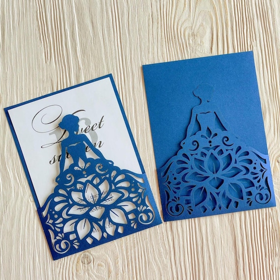 Princess Dress Invitation Template, Lotus Laser Cut Pocket (SVG DXF PDF)
