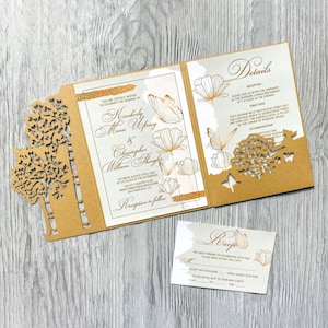 Modèle d'invitation svg arbre avec papillons, invitations rustiques découpées au laser trois volets Cricut, enveloppe de mariage camée papercut, dxf pdf ai cdr svg