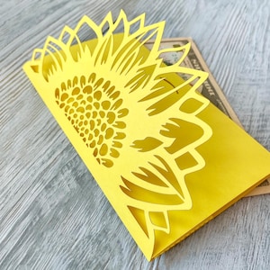 Svg cash envelope template with sunflower ornament and wishes card, Birthday gift money holder for cricut papercut, Laser cut cdr ai dxf pdf