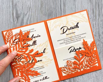 Autumn maple leaf wedding invitation svg cricut template, 5x7 tri-fold fall leaves laser cut pocketfold invites, Papercut cameo, dxf pdf ai