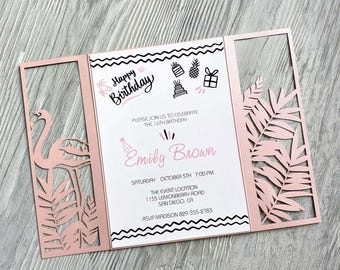 Tropical Flamingo Invitation SVG, Laser Cut Gatefold Template (PDF Files)