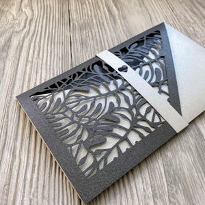 Cricut cash envelope template with tropical leaves and heart bellyband, Svg wedding lasercut gift card, Papercut birthday money holder cameo