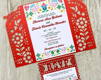 Plantilla de invitación de boda mexicana, desplegable de Papel Picado (SVG, PDF)