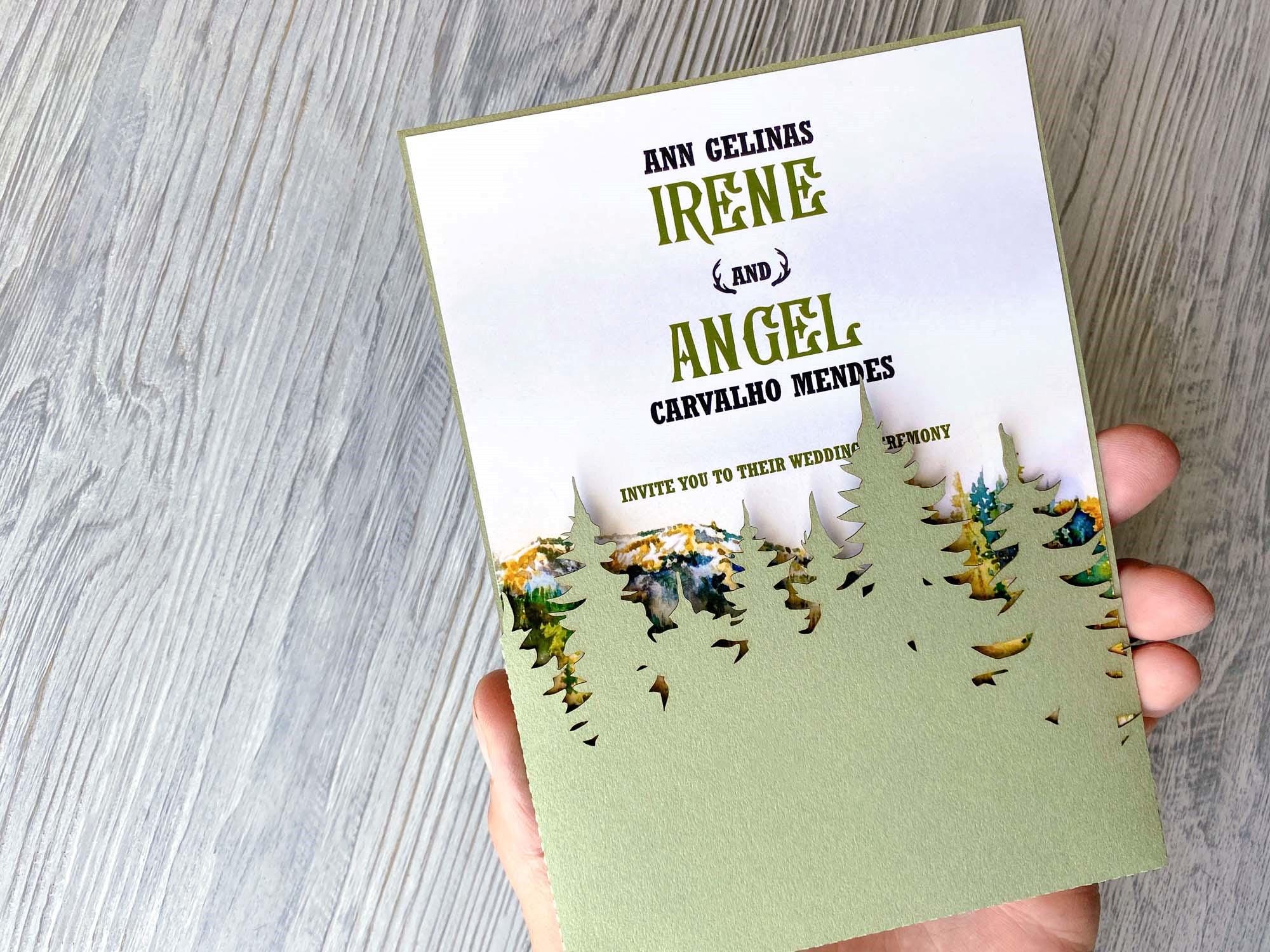 6 Panel Invite Forest Wedding Invitation Svg Template 5x7, Cricut Green Pine Trees ...