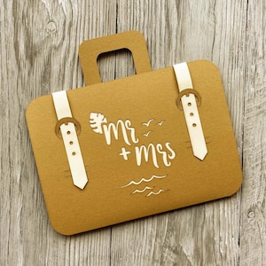 Destination invitation suitcase svg template cricut, 5x7 travel wedding invitation laser cut, Adventure and journey invite papercut cameo