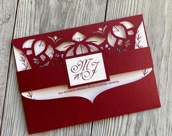Lotus Flower Wedding Invitation Template, Laser Cut Pocket Envelope (pdf, svg, dxf, ai, cdr)