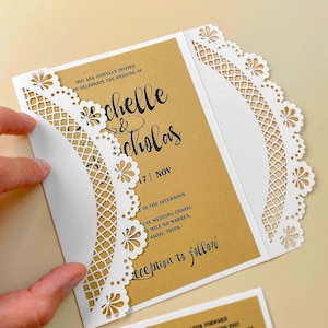 Modèle d'invitation dentelle rustique svg avec rsvp, invitation de mariage rustique gatefold découpé au laser pour pochoir camée découpe papier cricut (dxf pdf ai cdr)
