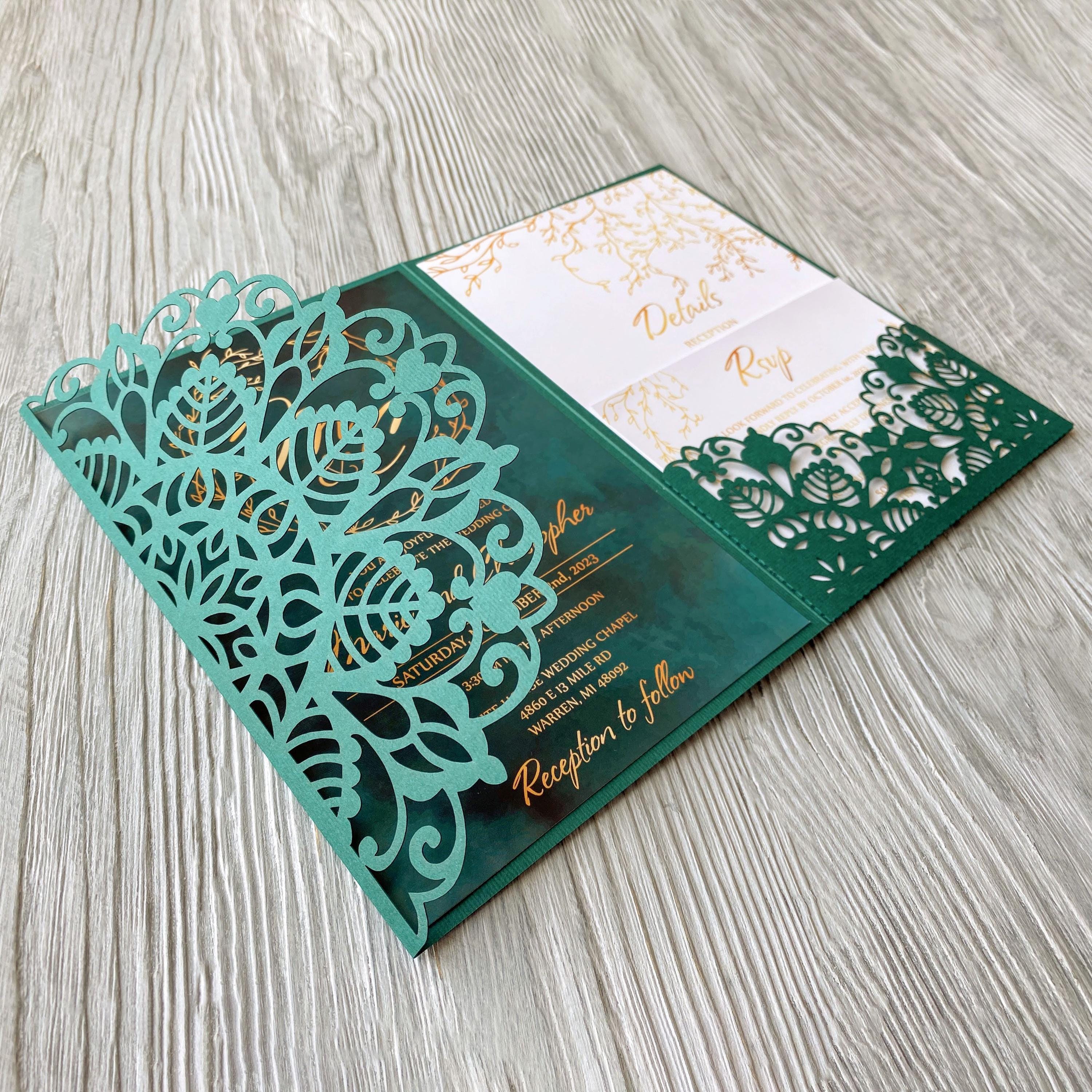 Wedding invitation svg ornamental template tri-fold 5x7, Pocketfold laser cut envelope for cricut and papercut cameo (cdr, ai, dxf, pdf)