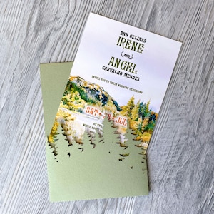 Modello di invito matrimonio foresta svg 5x7, invito tascabile pannello alberi di pino verde Cricut, busta tagliata al laser, cameo cartaceo, dxf pdf ai cdr