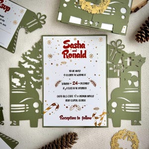 Christmas lovers car svg invitation template with rsvp, gifts, tree and mistletoe, Cricut gatefold wedding 5x7 invite laser cut papercut