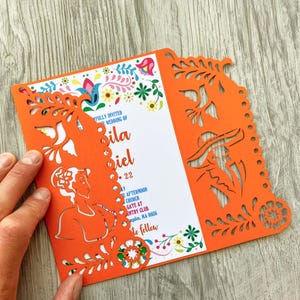 Svg mexican invitation template with birds and senor senorita, Gatefold cricut fiesta wedding invite, Papel picado place card, Menu cameo