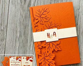 Autumn maple leaves wedding invitation template svg, Cricut 5x7 sycamore leaf trifold laser cut invite, Fall pocket envelope papercut cameo