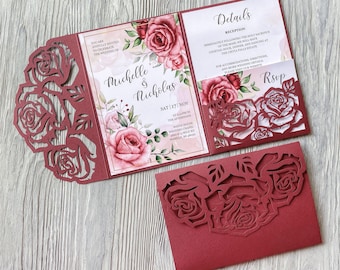 Rose flowers invitation template cricut 5x7, Svg quinceanera tri-fold sweet 16 wedding invitation envelope laser cut papercut cameo dxf pdf