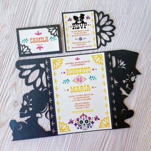 Braut & Bräutigam Skelette Mexikanische Hochzeitseinladung Cricut Vorlage, Torfalte Halloween Schädel Santa Muerte, Gothic Tischkarte Laserschnitt