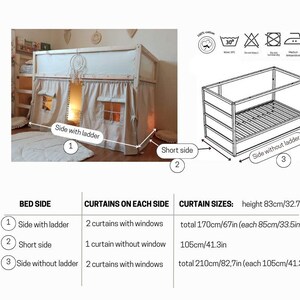 May include: A beige fabric bed curtain set for a loft bed, featuring windows and tie-backs. The set includes curtains for the side with the ladder, the short side, and the side without the ladder, with a height of 32.7 inches and various widths.