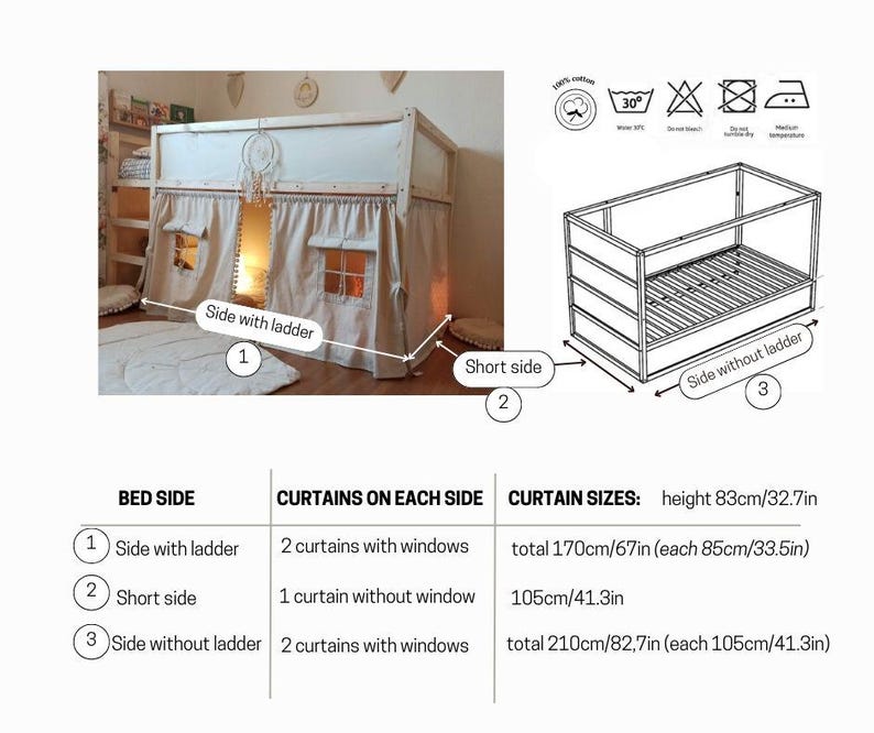 May include: A beige fabric bed curtain set for a loft bed, featuring windows and tie-backs. The set includes curtains for the side with the ladder, the short side, and the side without the ladder, with a height of 32.7 inches and various widths.