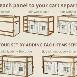 May include: A wooden loft bed frame with white fabric panels featuring window graphics. The image includes text instructions: Add each panel to your cart separately: Short side, Side with ladder, Side without ladder. BUILD YOUR SET BY ADDING EACH ITEMS SEPRAATELY: Side with ladder + Short side, Side without ladder + Short side.