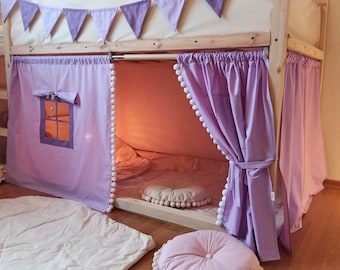 Lilac Kura Bed Curtains with Pom Poms, Kids Playhouse Canopy Tent