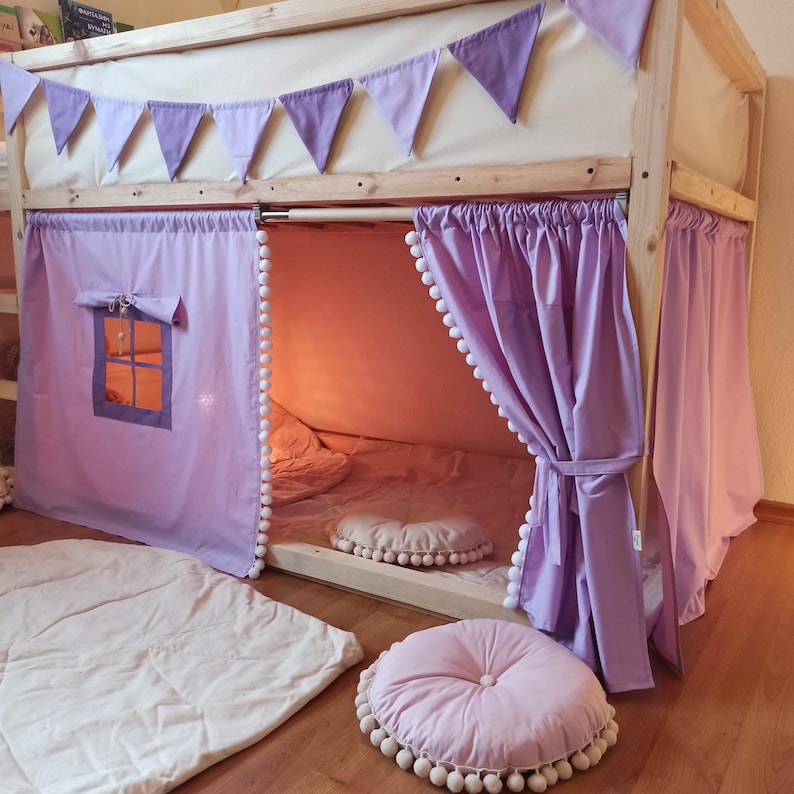 Lilac Kura Bed Curtains, Cotton Bunk Bed Tent with Bunting Flags image 1